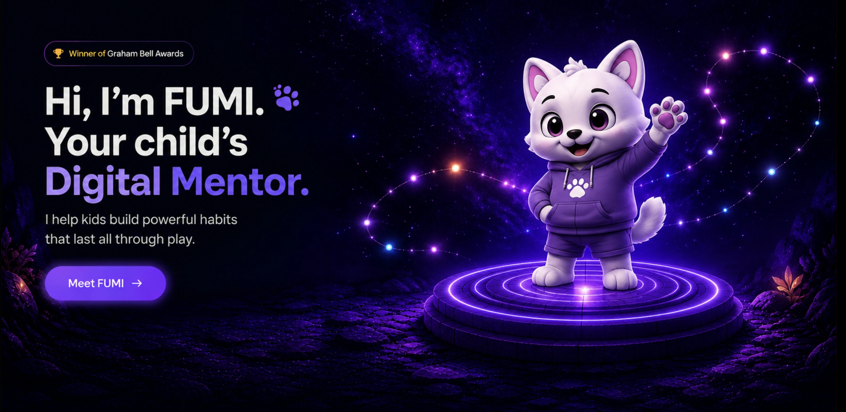 FUMI, a small white plush cat-like mascot in a purple hoodie, waving from a glowing circular platform in a starry violet dreamscape