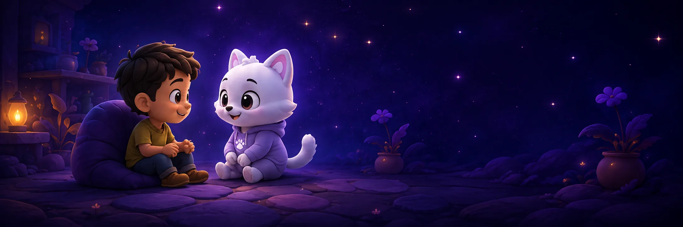 FUMI sitting with a child at night, talking together by lantern light