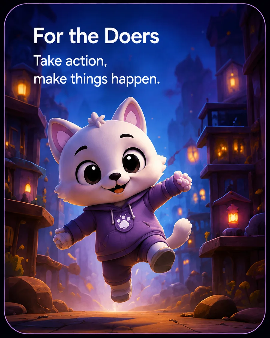 FUMI leaping joyfully through a lantern-lit village street at night.