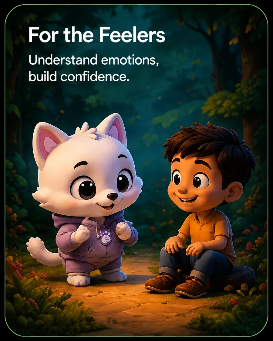 FUMI sitting with a child in a quiet forest clearing, talking together.